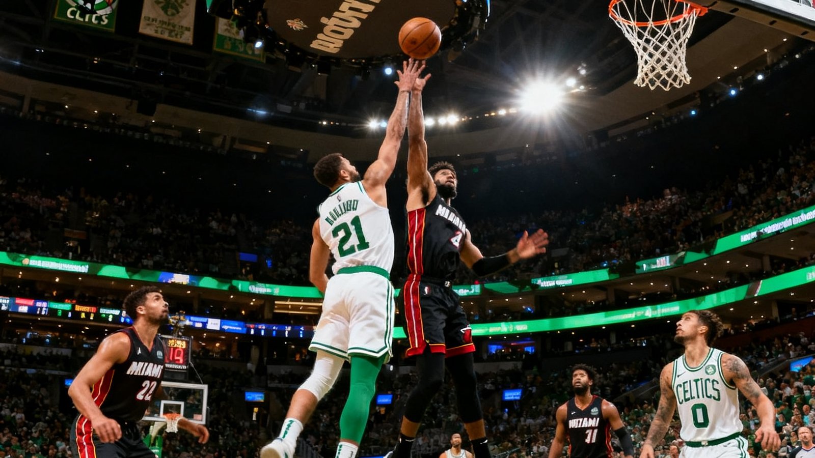 NBA季后赛东部决赛第七场，波士顿凯尔特人主场对阵迈阿密热火，现场灯光璀璨，球员在场上激烈对抗，记分牌显示第四节比分胶着