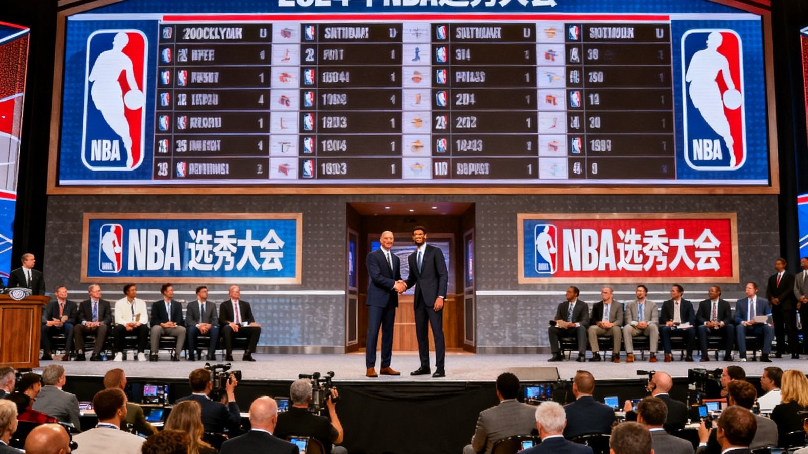 NBA选秀大会在布鲁克林巴克莱中心举行，新秀球员与总裁握手合影，大屏幕显示选秀顺位信息，现场坐满各队管理层和媒体记者