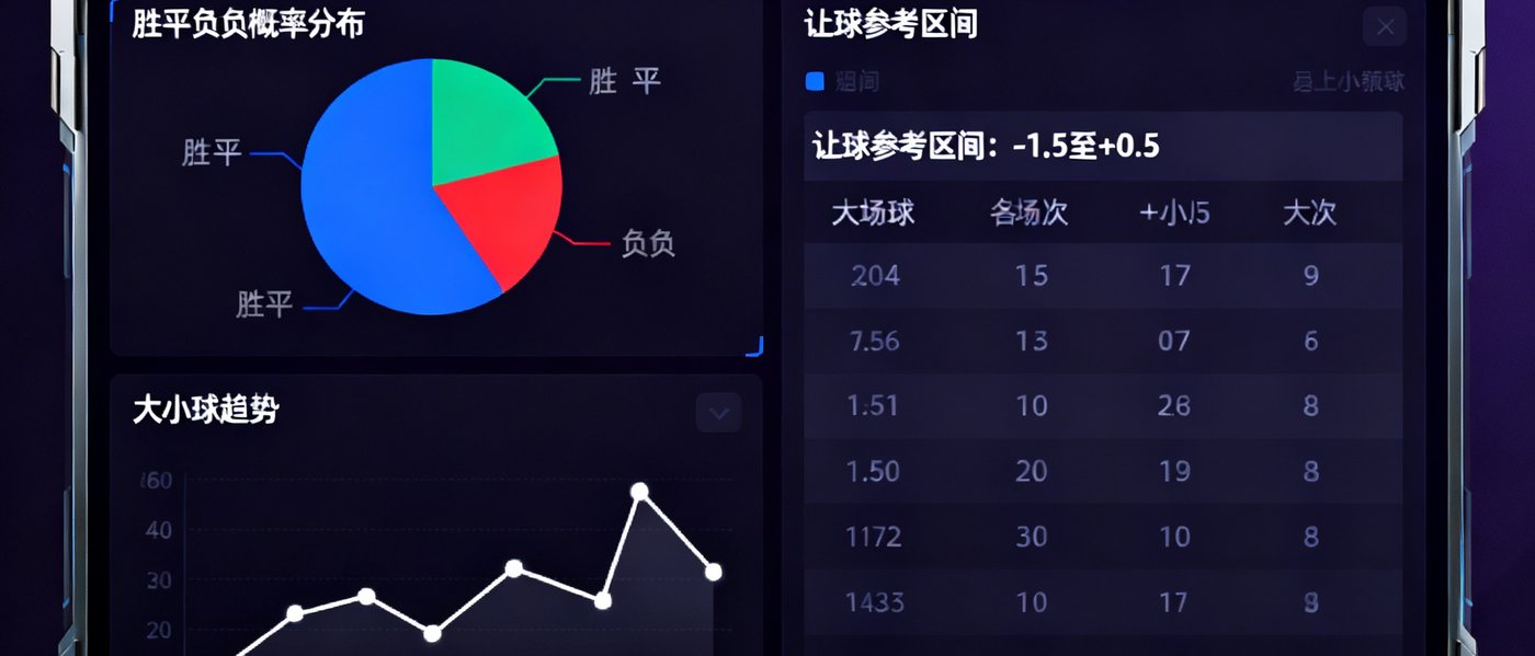 人工智能预测模型数据可视化界面，展示胜平负概率分布饼图、大小球趋势折线图以及让球参考区间，界面采用深色科技风格设计